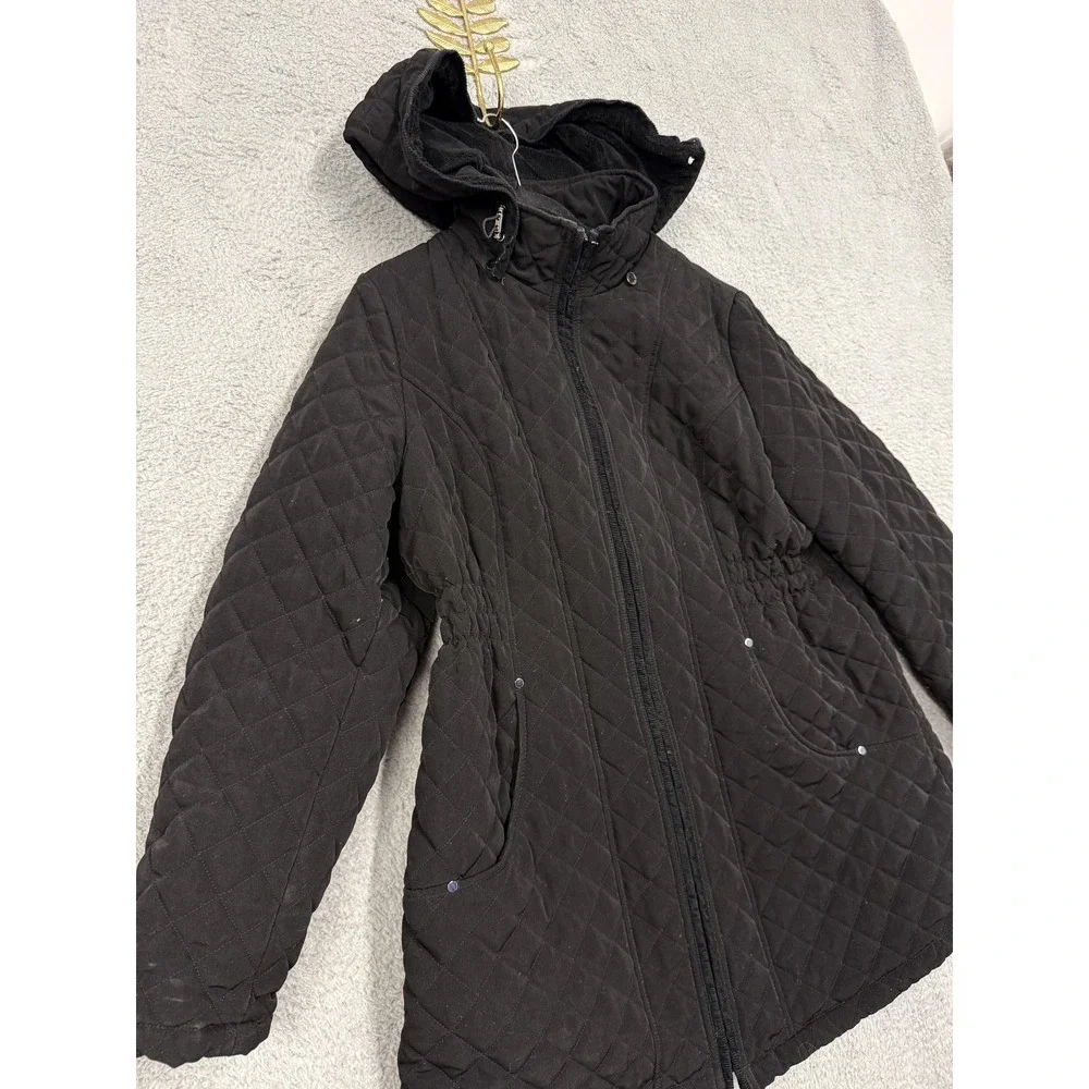 St. John's Bay Jacket Womens 1X Black Quilted Hooded Faux Fur Lined‎ Zip Pockets